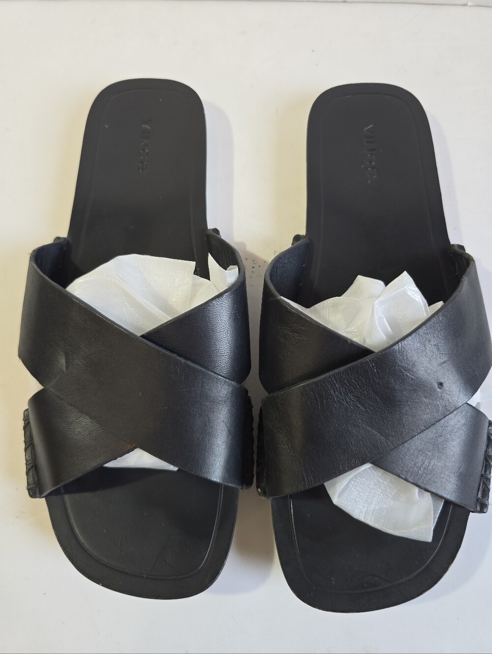 Vince Nico Black Soft Leather Cross-Strap Slide Sandals Size 9